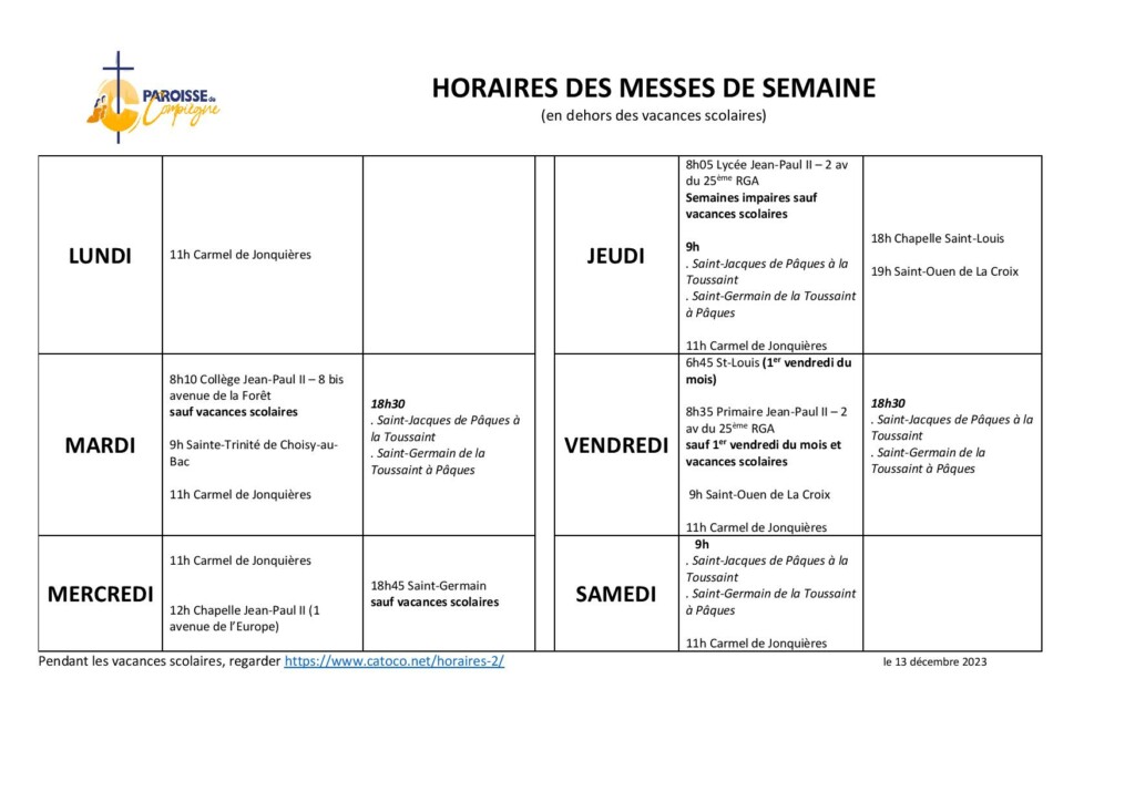 Horaires Des Messes, Adorations Et Chapelets – Catoco